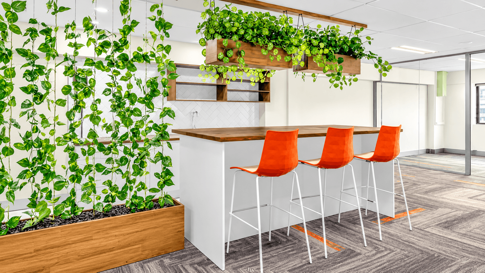Level 8 breakout kitchen with bar seating and hanging plants